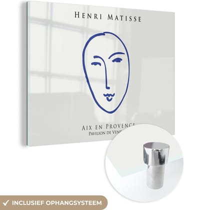 MuchoWow® Glasschilderij 160x120 cm - Schilderij acrylglas - Henri Matisse - Hoofd - Vrouw - Blauw - Abstract - Foto op glas - Schilderijen