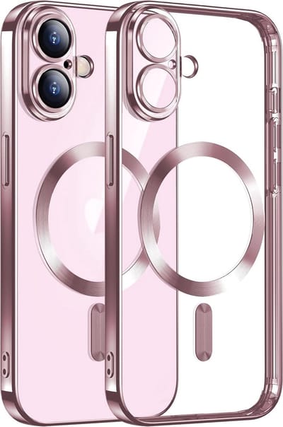 Hoesje Geschikt voor iPhone 16 Plus Magsafe hoes - Lens beschermer – backcover – Transparant/Rosegoud