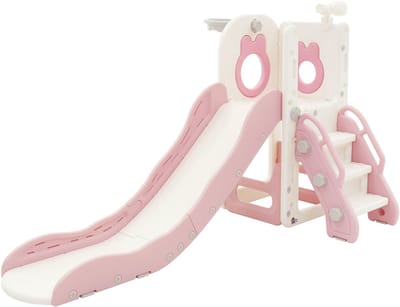 Kinderspeeltoren roze en wit 3in1 binnen/buiten vanaf 3 jaar met glijbaan, basketbalhoepel en klimwand Joyz