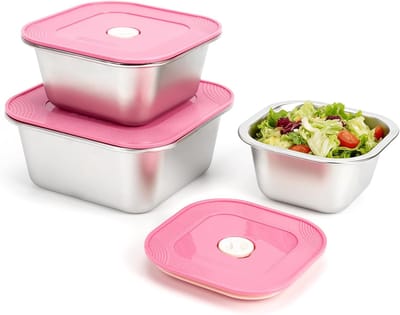 KZQ roestvrijstalen bewaardozen - 3-delige set met siliconen deksels, lekvrij, herbruikbaar - Geschikt voor yoghurt, fruit, snacks en maaltijdvoorbereiding - Vaatwasmachine- en koelkastbestendig - 400+700+1000 ml - Roze