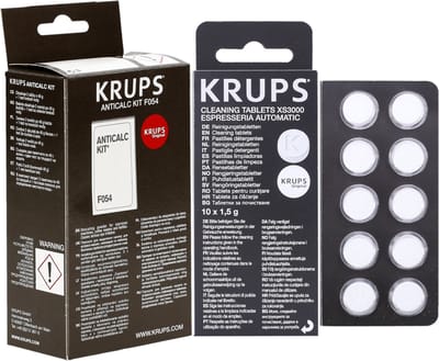 Krups, reinigingsset voor koffiemachines, ontkalkingsmiddel, ontkalkingstabletten 2x40g + 1x waterhardheidstest ANTICALC F054 + 1x reinigingsmiddel voor KRUPS XS3000 koffiemachines, origineel