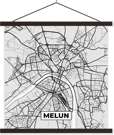 Posterhanger incl. Poster 60x60 cm - Schoolplaat - Frankrijk – Plattegrond – Kaart – Melun – Stadskaart - Textielposter - Zwarte latten - Stadskaart