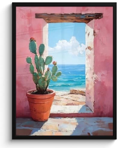 Poster in lijst - Fotolijst 50x70 cm - Posters - Zee - Roze - Cactus - Posterlijst zwart - Decoratie - Wanddecoratie woonkamer - Muurdecoratie slaapkamer