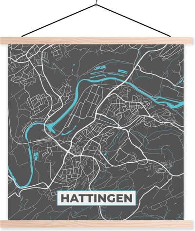 Posterhanger incl. Poster 40x40 cm - Schoolplaat - Stadskaart – Hattingen – Duitsland – Plattegrond – Kaart - Textielposter - Blanke latten - Stadskaart