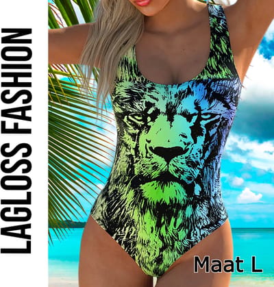 LaGloss® Badpak Dames Leeuwprint Hoge Stretch – Sportief Zwempak Verwijderbare Vulling – Dierenprint – Maat L