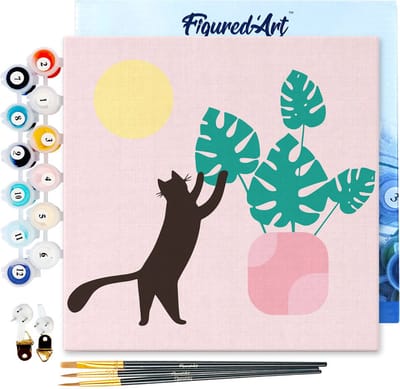 Figured'Art Mini Schilderen op Nummer Volwassenen 20x20cm met lijst Kitten en plant in de zon - Klein Formaat Creatieve Hobby Kit DIY Art Nummer Compleet