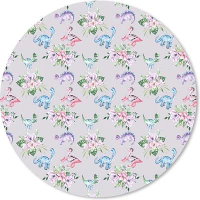 Muismat rond 20x20 cm - Mousepad Kinderkamer - Dinosaurus - Bloemstukken - Meisjes - Kinderen - Roze - Kids - Ronde muismatten