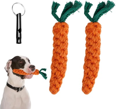 2 stuks wortel-huisdierspeelgoed + 1 hondenfluitje en kauwspeelgoed voor tandreiniging met katoenen touw - Geschikt voor interactie en gooien met je hond