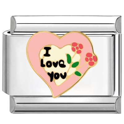 Quiges - Schakel - Bedel - 9mm - charms - Kleurrijk - Ik hou van je met bloemen & hart - Geschikt voor - armband - Schakelarmband - italy bedels armband