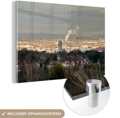 ® Glasschilderij 180x120 cm - Schilderij acrylglas - De industriële stad Sheffield in Engeland - Foto op glas - Muurdecoratie woonkamer - Wanddecoratie slaapkamer - Schilderijen