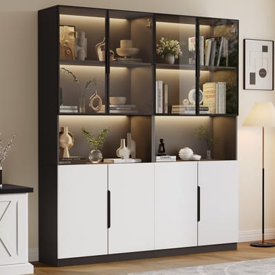 DESMIU Vitrinekast - Met Glazen Deuren En Verstelbare Ledverlichting - Voor Woonkamer En Verzameling - Spaanplaat En Gehard Glas - 160x30x200 Cm - Wit