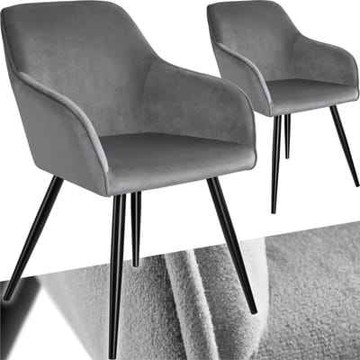 tectake® Eetkamerstoel Marilyn - Set van 2 - Met Armleuningen - Elegante Stoel met Gevoerde Zitting in Fluweellook - Gestoffeerd - Zwarte metalen poten - Ergonomische Keukenstoel - Stoel voor Woonkamer, Eetkamer en Slaapkamer - Grijs