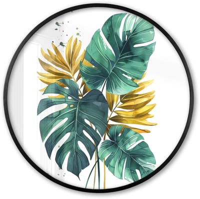 Poster in lijst Rond - Fotolijst 60x60 cm - Posters - Bladeren - Monstera - Groen - Goud - Modern - Ronde posterlijst zwart - Decoratie - Wanddecoratie woonkamer - Muurdecoratie slaapkamer