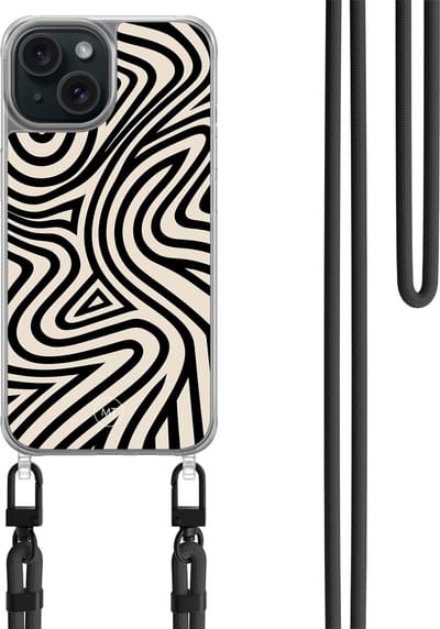 Hoesje met koord geschikt voor iPhone 14 - Groovy lines - Inclusief zwart koord - Crossbody beschermhoes - Transparant, Zwart - Mooie Telefoonhoesjes