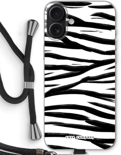 Case Company® - Hoesje met koord geschikt voor iPhone 16 Plus hoesje met Koord - Zebra pattern - Telefoonhoesje met Zwart Koord - Bescherming aan alle Kanten en Over de Schermrand
