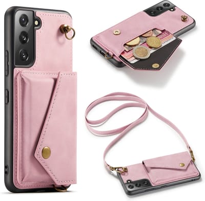 Casemania Hoesje Geschikt voor Samsung Galaxy S22 Plus - Pale Pink - Luxe Backcover met Koord en Magnetische Sluiting - Portemonnee Wallet Case met Pasjeshouder en Opbergvak - Lanyard Telefoonhoes - Cord Case