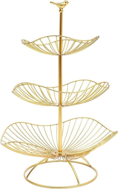 Fruitmand Drie Niveaus - Fruitschaal Serveerschaal - Fruit Organiseren - Afneembaar Lotusblad Ontwerp - 47 cm Hoog - Goud