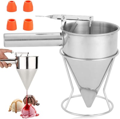Dailygoods- Pannenkoekdeeg Doseerder - Handmatige Dispenser - Roestvrij Staal - 1,2 L - Inclusief 4 Siliconen Sproeiers - Krasbestendig - Deegdispenser