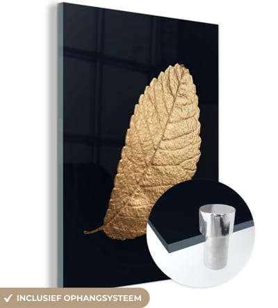 MuchoWow® Glasschilderij 120x160 cm - Schilderij acrylglas - Goud - Bladeren - Zwart - Planten - Luxe - Natuur - Foto op glas - Schilderijen