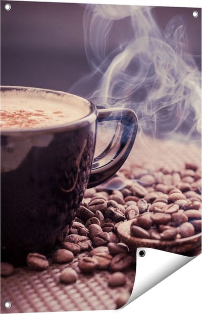 Gards Tuinposter Hete Koffie Kop met Koffiebonen - 60x80 cm - Tuindoek - Tuindecoratie - Wanddecoratie buiten - Tuinschilderij