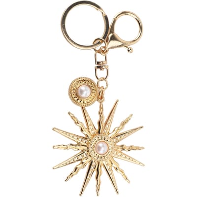 Sleutelhanger met zonnetje van zinklegering, glanzend en sprankelend, met kunstparel, schattige sleutelhanger voor handtas of portemonnee, goudkleurig. beige