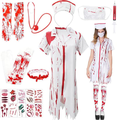 9-delig verpleegster kostuum voor vrouwen, griezelige zombie verpleegster outfit, Halloween bloed kostuum met accessoires voor carnaval en cosplay, perfect voor feesten
