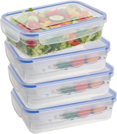 Excellent Houseware Vershoudbakje - 4x - 1400 ml - transparant - kunststof - 23 x 16 x 6,5 cm - Luchtdicht afgesloten