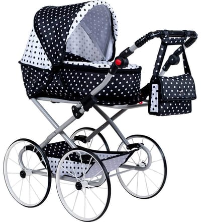New Baby Natálka retro poppenwagen 2in1 wit-zwart - Kinderwagen