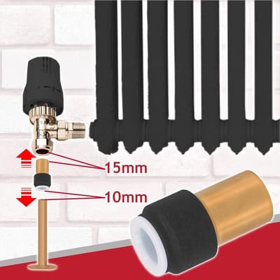Radiatorkraan Verloop - Verkleinstuk Kraan - Verwarmingssysteem Installatie - Pushfit Snelkoppeling - 15mm x 10mm - Zwart