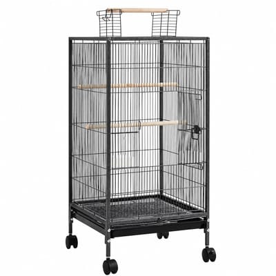 CORE Vogelkooi - Grote Vogelvolière met Rolstandaard - Inclusief Speelplaats, 3 Zitstokken en Verwijderbare Lade - Verrijdbare Vogelkooi voor Parkieten Kanaries Valkparkieten en andere kleine tot middelgrote vogels - 46x46x102cm - Zwart