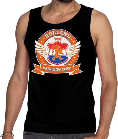 Zwart Holland drinking team tankop / mouwloos shirt oranje accenten heren - Nederland/supporter kleding S