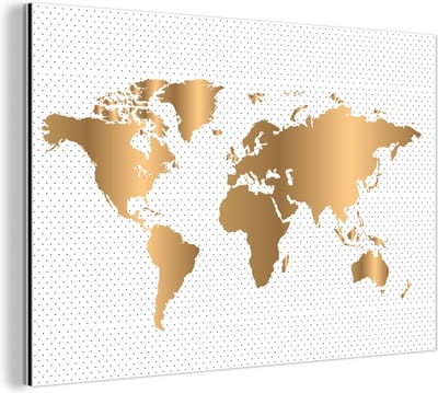 Aluminium schilderij 150x100 cm - Wanddecoratie metaal - Wereldkaart - Goud - Stippen - Kinderen - Jongens - Meiden - Metalen muurdecoratie woonkamer - Decoratie industrieel - Foto op dibond - Industriële accessoires slaapkamer