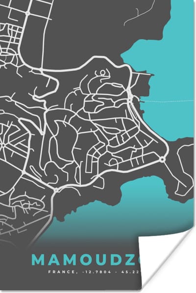Poster Frankrijk - Stadskaart - Mamoudzou - Kaart - Plattegrond - 120x180 cm XXL