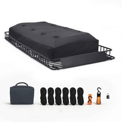 CORE Dakrek - Dakkoffer - Dakrek met bagagetas - Max. draagvermogen 113kg - 435 Liter koffer inhoud - Waterdichte dakkoffer - Met spanbanden en draagtas - 127x228.5x15cm - Zwart