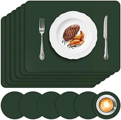 Placemats en Onderzetters Set van 6 Stuks - Waterdichte, Warmte-isolerende Tafelmatten van PU Lederlook - Wasbaar voor Binnen en Buiten Gebruik - Donkergroen