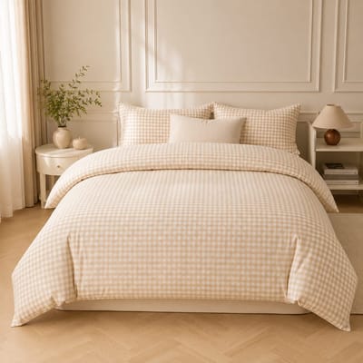 Beddengoed 135x200 cm 4-delig Geruit Beige Microvezel Dekbedovertrek met Ritssluiting en 2 Kussenslopen 80x80 cm