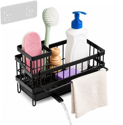 Gootsteen Organizer - Wandmontage Sponshouder Zonder Boren - Keuken Opbergrek voor Spons en Afwasborstel - Zwart