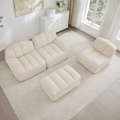 3-zits modulaire hoekbank met 1 poef – "Boneless"-bank van 32D-schuim met hoge dichtheid, diepe zit, ideaal voor de woonkamer, zachte stof – Beige/Wit