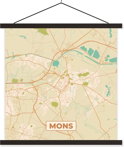 Posterhanger incl. Poster 60x60 cm - Schoolplaat - Stadskaart - België - Mons - Kaart - Plattegrond - Textielposter - Zwarte latten - Stadskaart