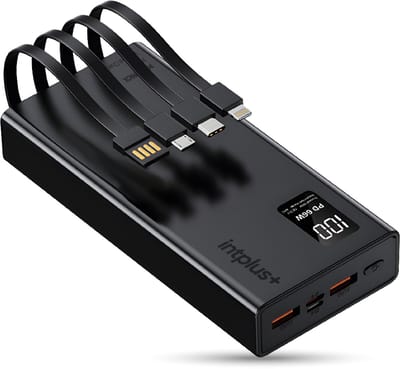 intplus+ Power Pack Powerbank 66W - 20.000 mAh - Snellader Met 4 Verschillende Ingebouwde Kabels - Universeel voor Iphone en Samsung - Noodpakket - Zwart