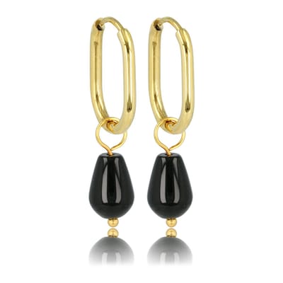 My Bendel - Goudkleurige Oorringen met Onyx Peervormige Hanger - 30 Mm Lang - met Luxe Cadeauverpakking | Sieraden Voor Dames