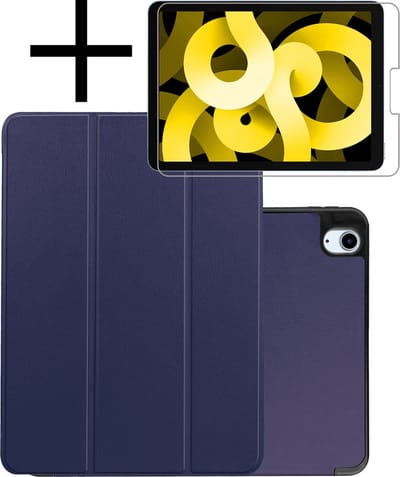 Hoes - Geschikt voor Apple iPad Air 5 (2022) - 10.9 inch - 5e Generatie - M1 - Met Screenprotector - Trifold Bookcase - Hard Cover Case - Met Uitsparing Geschikt voor Apple Pencil - Hardcover Book - Tablet Hoesje - Donkerblauw