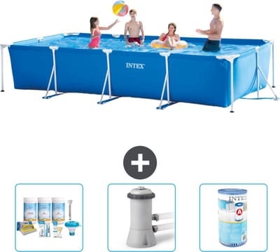 Intex Rechthoekig Frame Zwembad - 450 x 220 x 84 cm - Blauw - Inclusief Onderhoudspakket - Zwembadfilterpomp - Filter - 4-delig