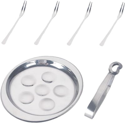 Stainless Steel Escargot Platen met 6 Compartimenten en Tangen voor het Bereiden en Serveren van Zeevruchten en Slakken