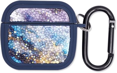 Casemania Hoesje Geschikt voor Apple AirPods 4 - Blauw - Diamant Marmer Glitter Cover met Ring en Sleutelhanger