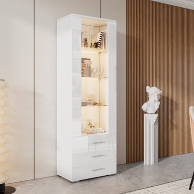 DESMIU Vitrinekast - Hoogglans Front Met Ledverlichting En 3 Lades - Voor Woonkamer En Werkkamer - MDF En Acryl - 60x35x180 Cm - Wit