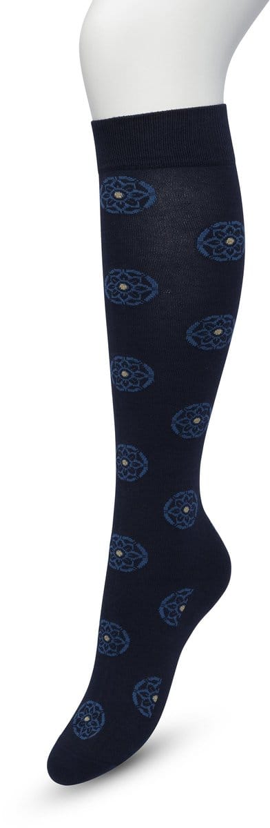 Bonnie Doon Dames Bloemen Kniekousen Donker Blauw maat 36/42 - Knie Kousen - Gebloemd Patroon - Bloemen Print - Uitstekend draagcomfort - Mini Mandala Knee High - Kniesokken - Zakt niet af - OEKO-TEX - Donkerblauw - Navy - BP221702.102