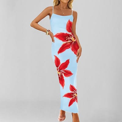 Nieuwe Lente Stijl Stijlvolle en Elegante Bedrukte Temperament Mouwloze Jurk met Spaghettibandjes M