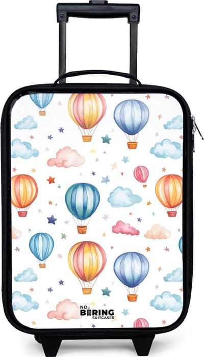 NoBoringSuitcases.com® - Kinderkoffer jongen - Kindertrolley meisje - Gekleurde luchtballonnen met sterren en wolken - Koffer kind lichtgewicht - Reiskoffer trolley voor kinderen - Koffertje met lichtgevende wieltjes - Rolkoffer zwart