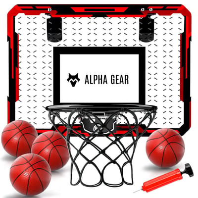 Alpha Gear - Mini Basketbalbord met Ring - Mini Hoop - Deurbevestiging - Inclusief 4 Ballen en Pomp - Basketbalring - 45 x 30 cm - Dubbel Veersysteem - Basketbal - Zwart